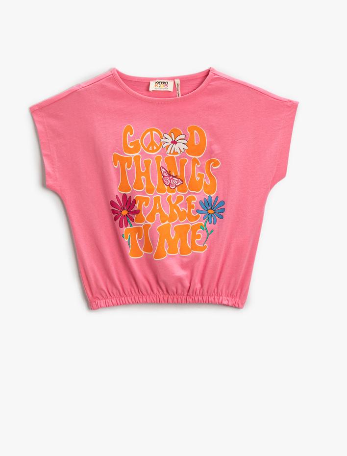 Kız Çocuk Baskılı Crop Tişört Bisiklet Yaka Beli Lastikli Pamuklu