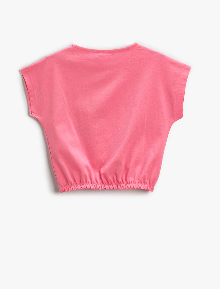 Kız Çocuk Baskılı Crop Tişört Bisiklet Yaka Beli Lastikli Pamuklu