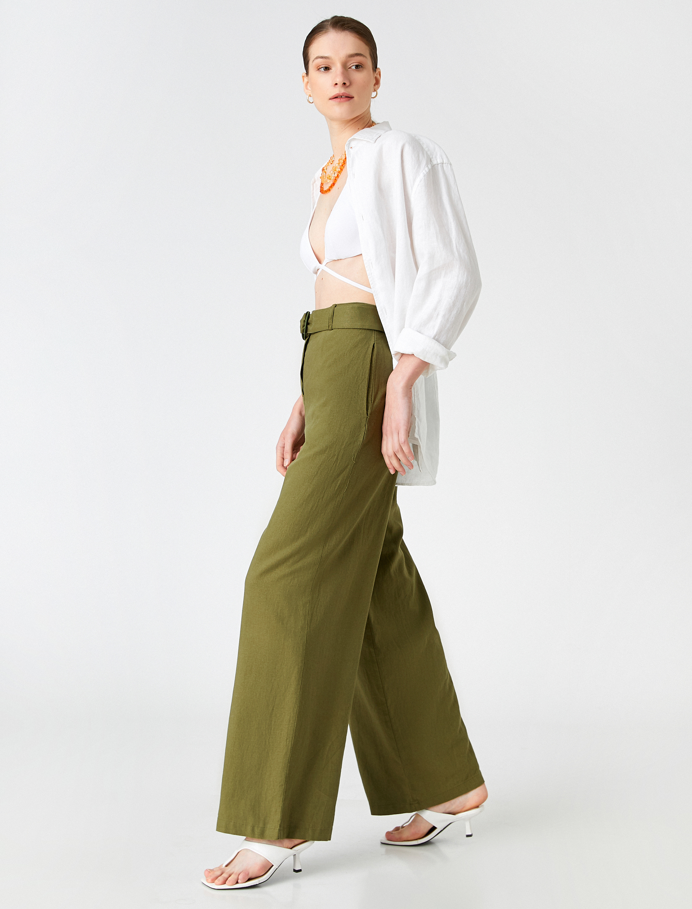   Bol Paça Pantolon Kemerli Keten Karışımlı