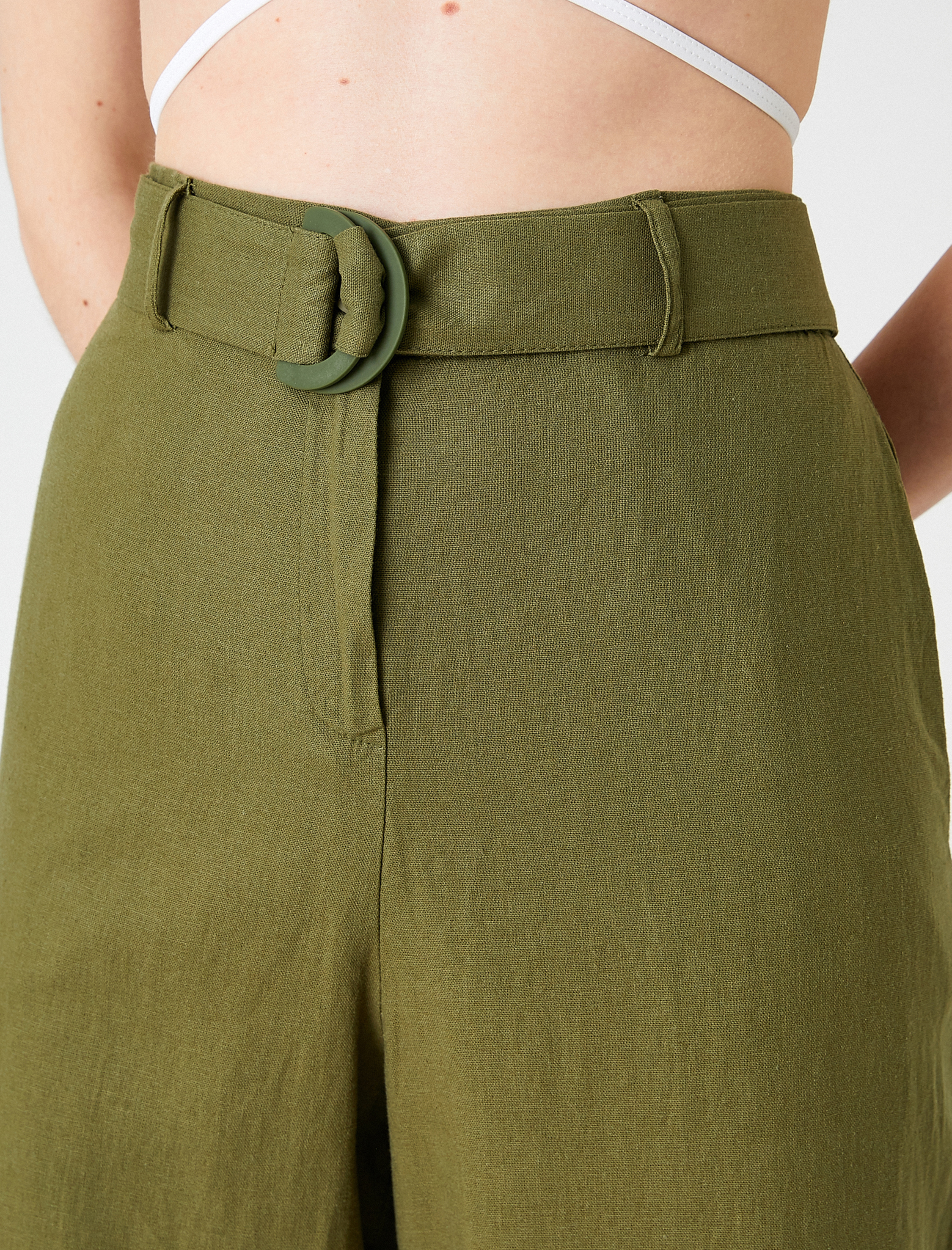   Bol Paça Pantolon Kemerli Keten Karışımlı