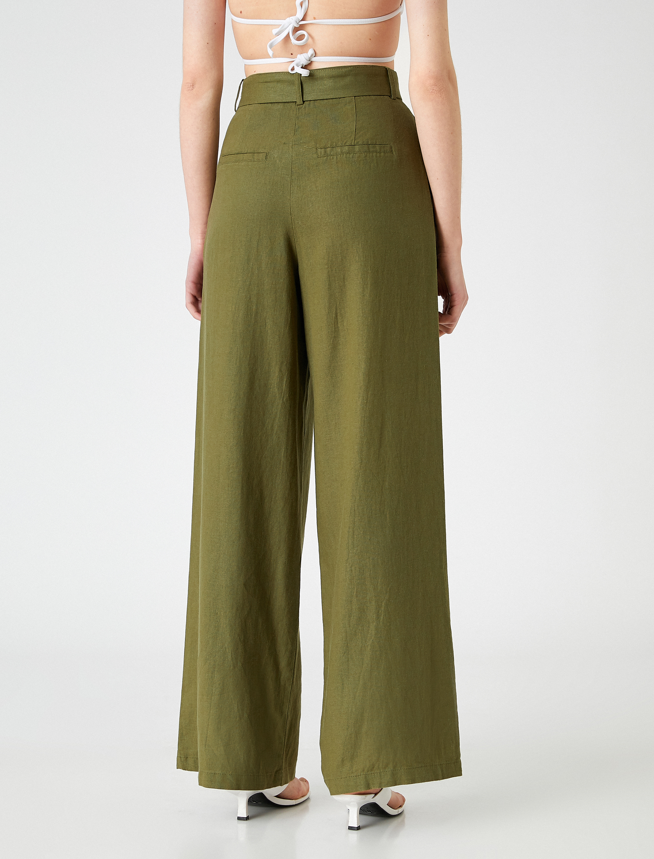   Bol Paça Pantolon Kemerli Keten Karışımlı