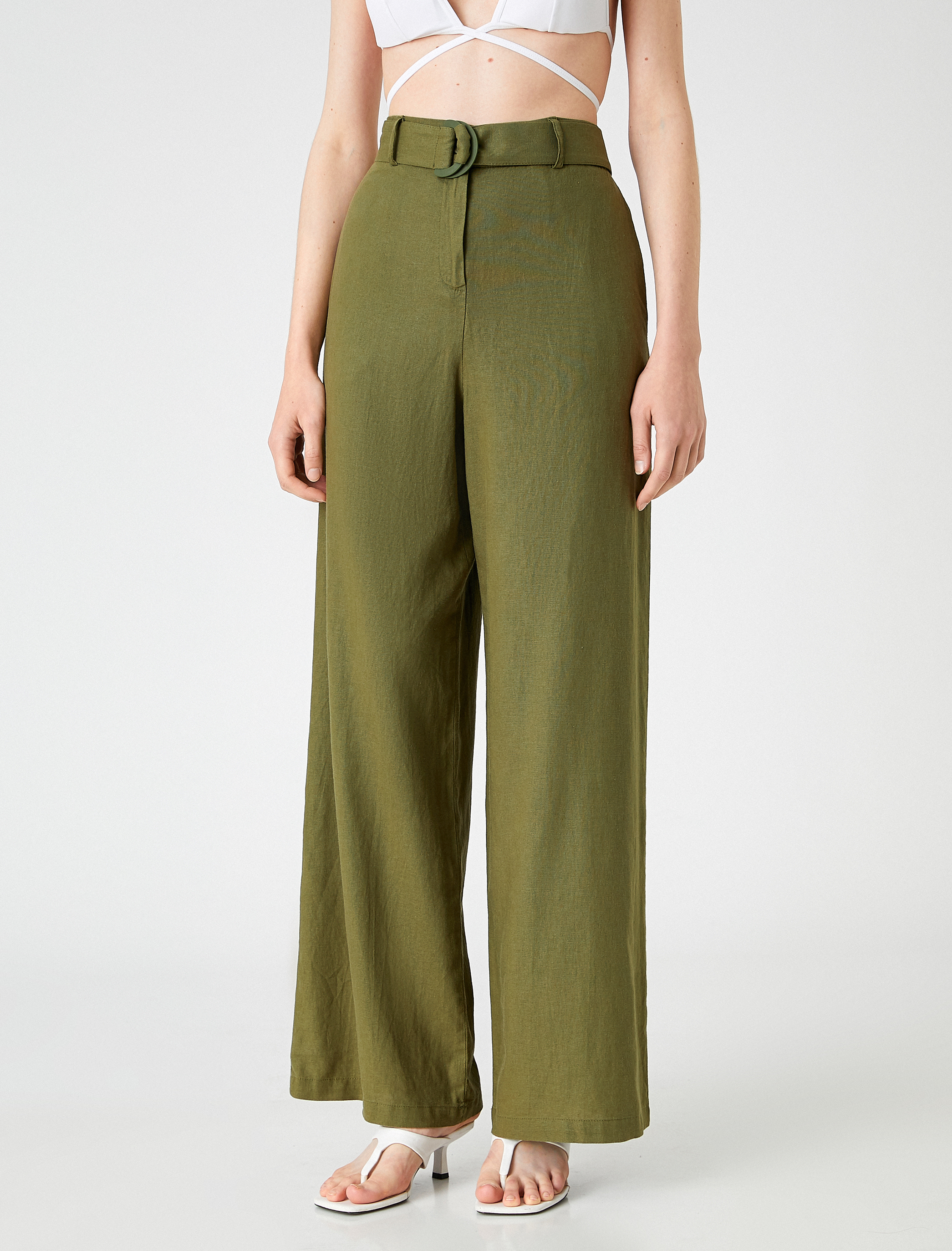   Bol Paça Pantolon Kemerli Keten Karışımlı