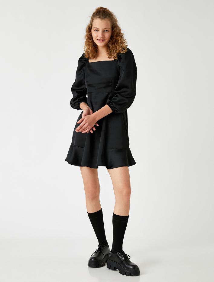  Balon Kollu U Yaka Mini Elbise