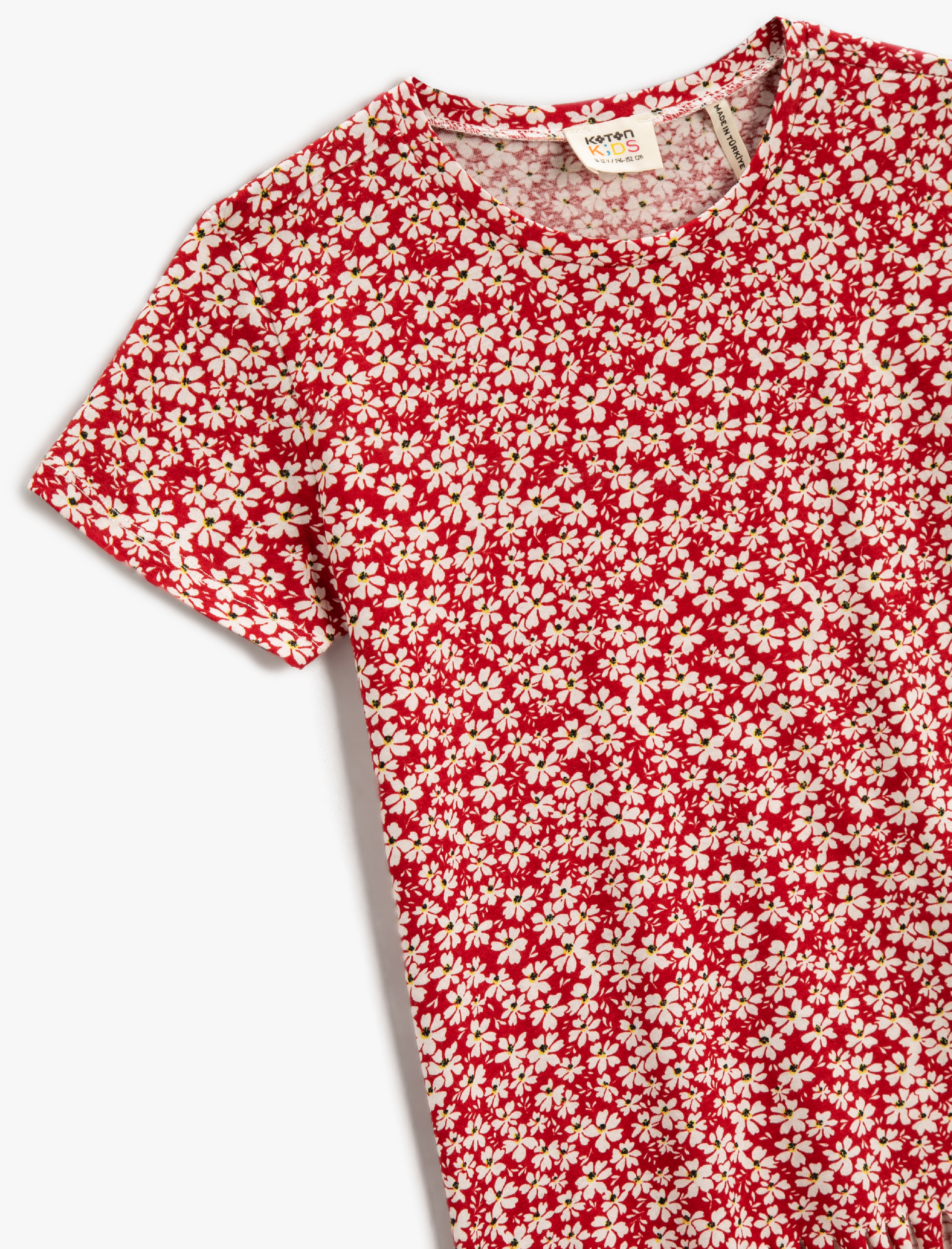  Kız Çocuk Çiçekli Tişört Püsküllü Bisiklet Yaka Kısa Kollu Pamuklu