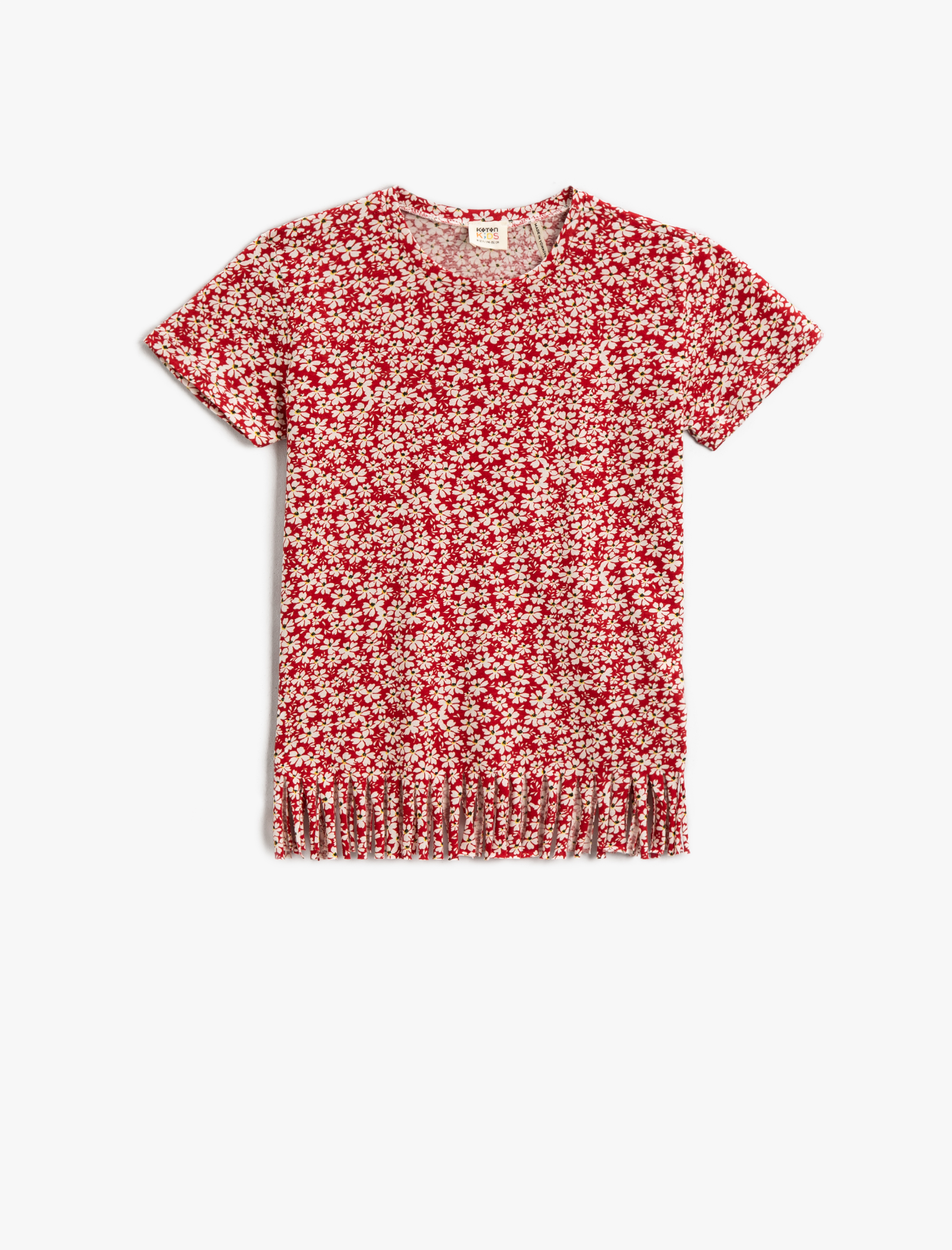  Kız Çocuk Çiçekli Tişört Püsküllü Bisiklet Yaka Kısa Kollu Pamuklu