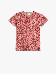 Çiçekli Tişört Püsküllü Bisiklet Yaka Kısa Kollu Pamuklu