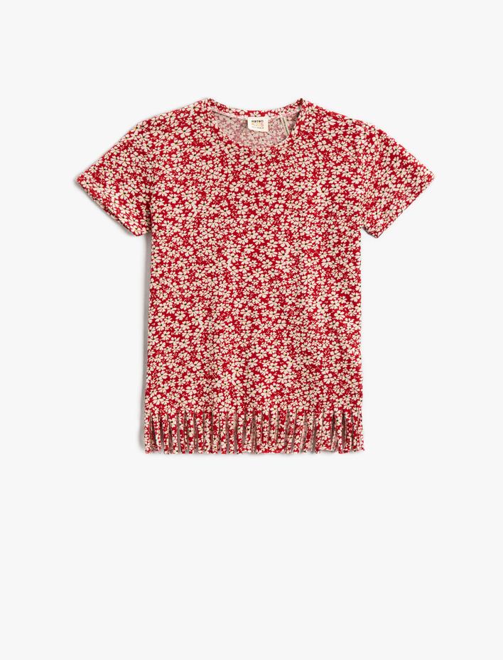 Kız Çocuk Çiçekli Tişört Püsküllü Bisiklet Yaka Kısa Kollu Pamuklu