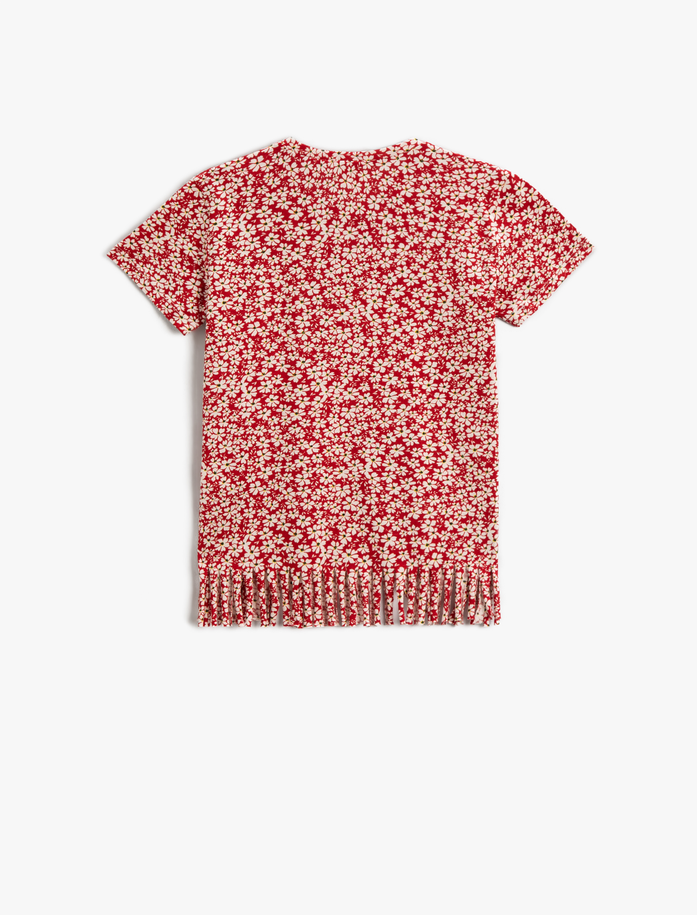  Kız Çocuk Çiçekli Tişört Püsküllü Bisiklet Yaka Kısa Kollu Pamuklu