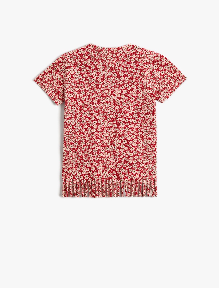 Kız Çocuk Çiçekli Tişört Püsküllü Bisiklet Yaka Kısa Kollu Pamuklu