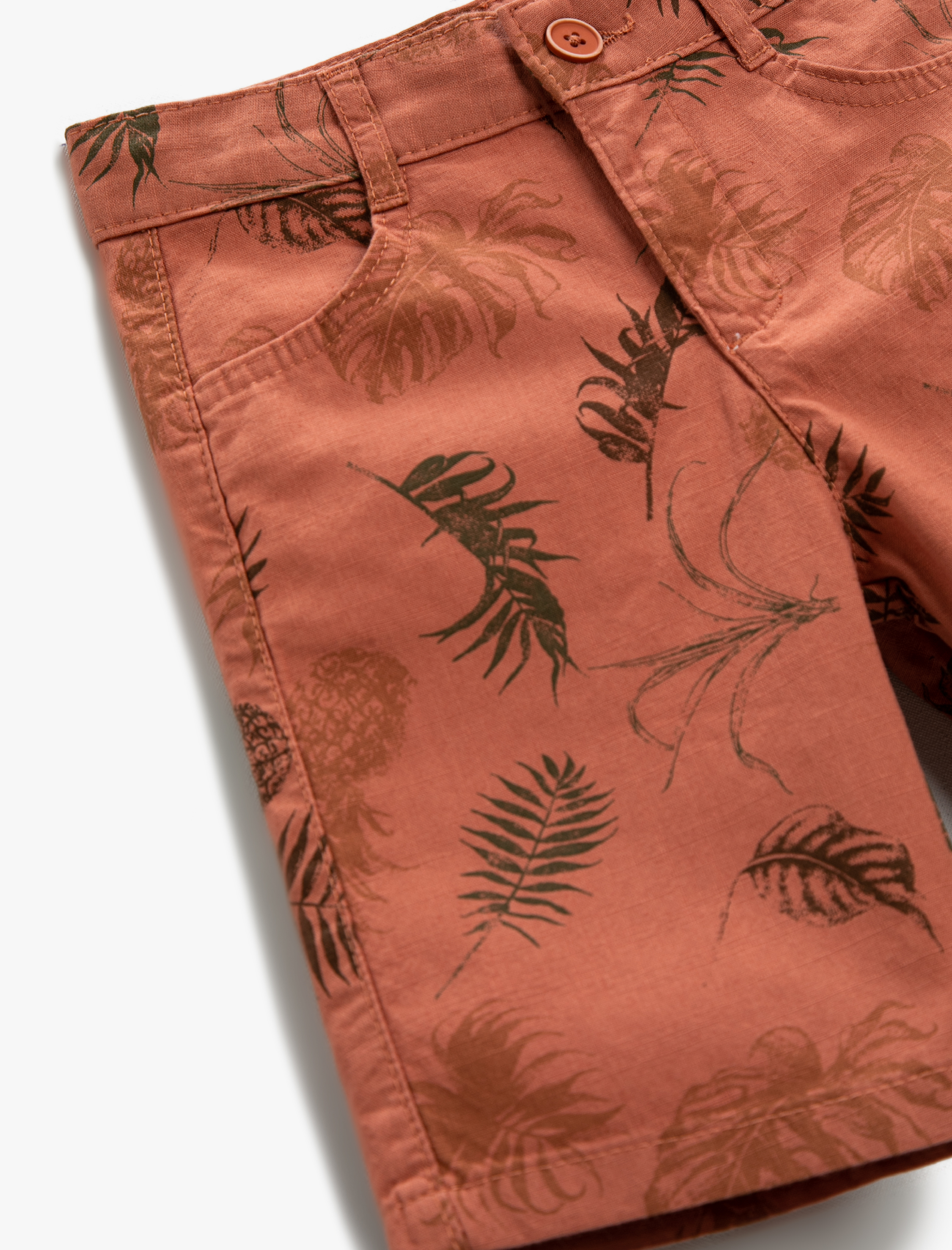  Erkek Çocuk Yaprak Baskılı Şort Düğmeli Cepli Pamuklu