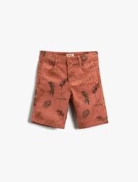 Yaprak Baskılı Şort Düğmeli Cepli Pamuklu