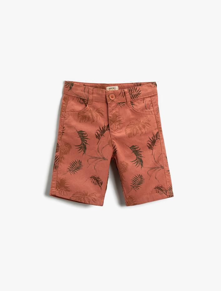 Erkek Çocuk Yaprak Baskılı Şort Düğmeli Cepli Pamuklu