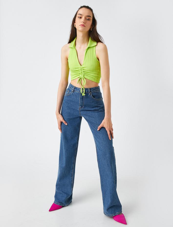  Crop Atlet Polo Yaka Büzgülü