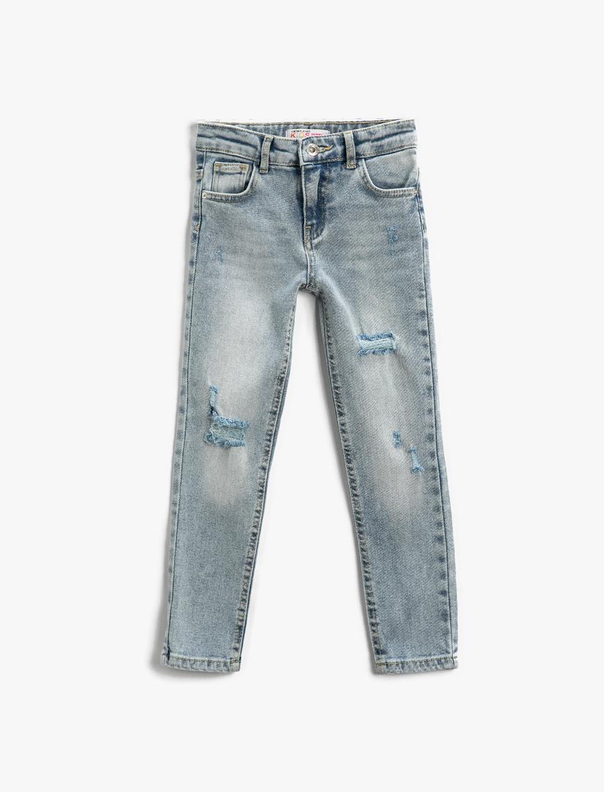  Kız Çocuk Kot Pantolon Pamuklu Uzun Dar Paça Destroyed - Skinny Jean