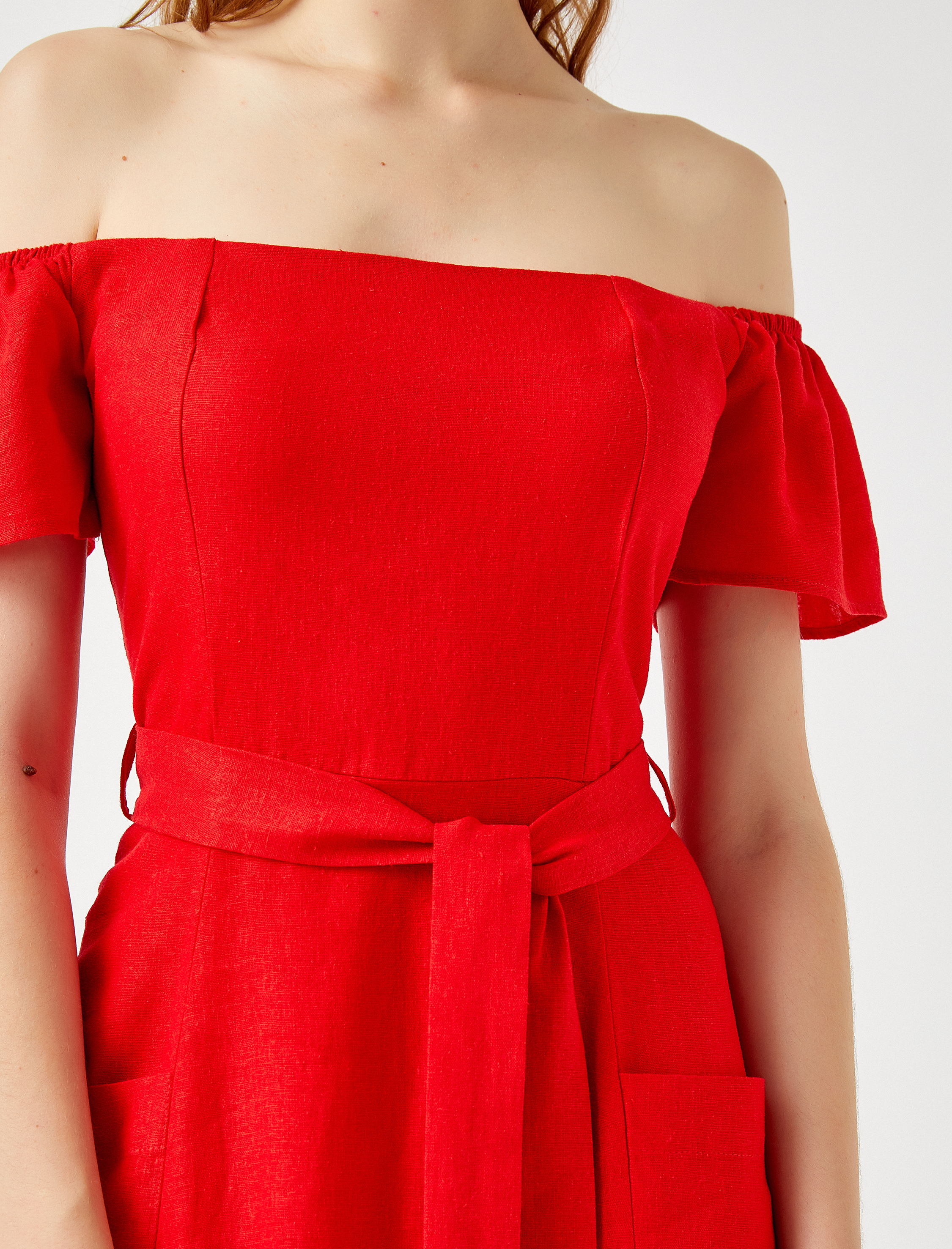   Keten Elbise Kısa Kollu Kuşaklı