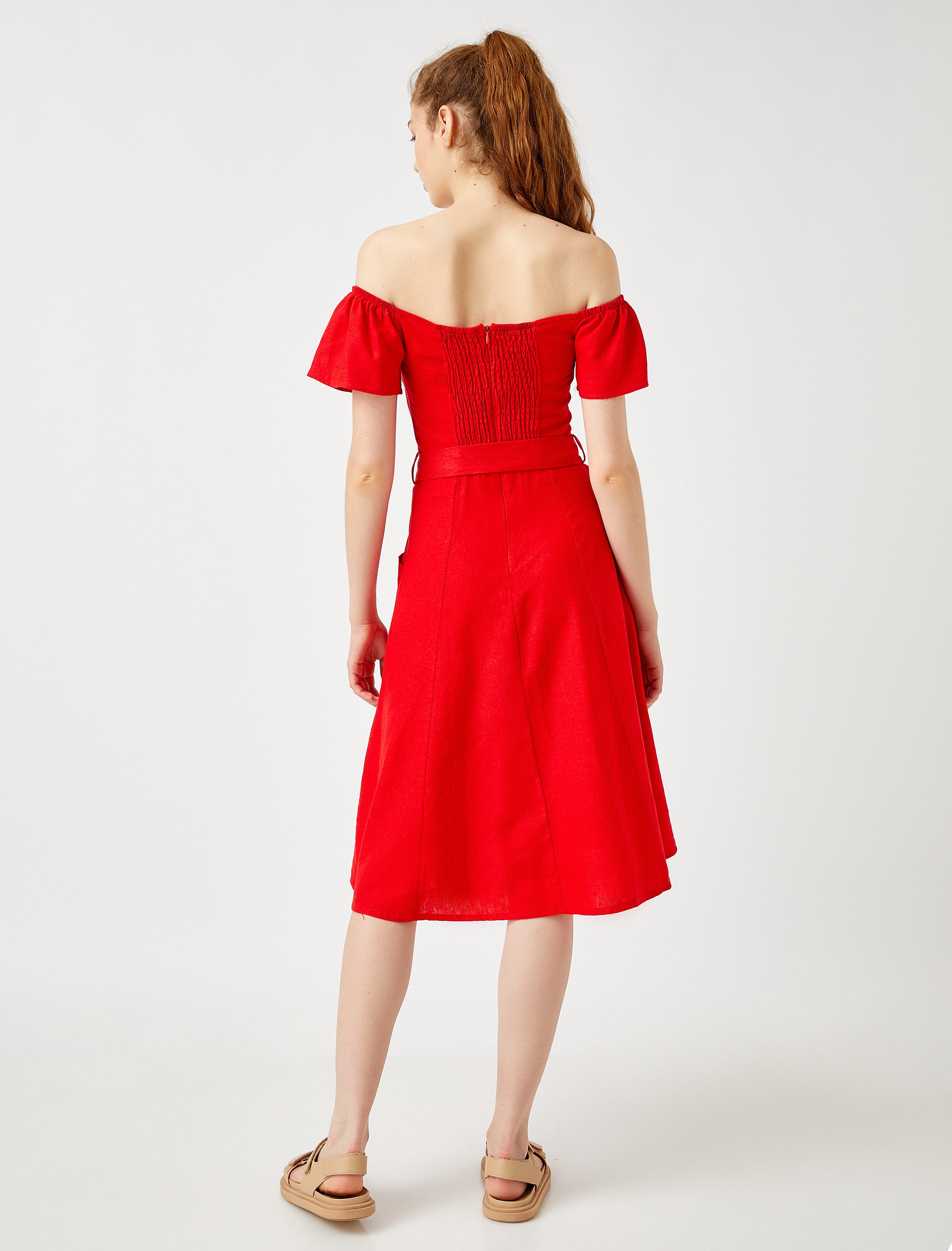   Keten Elbise Kısa Kollu Kuşaklı