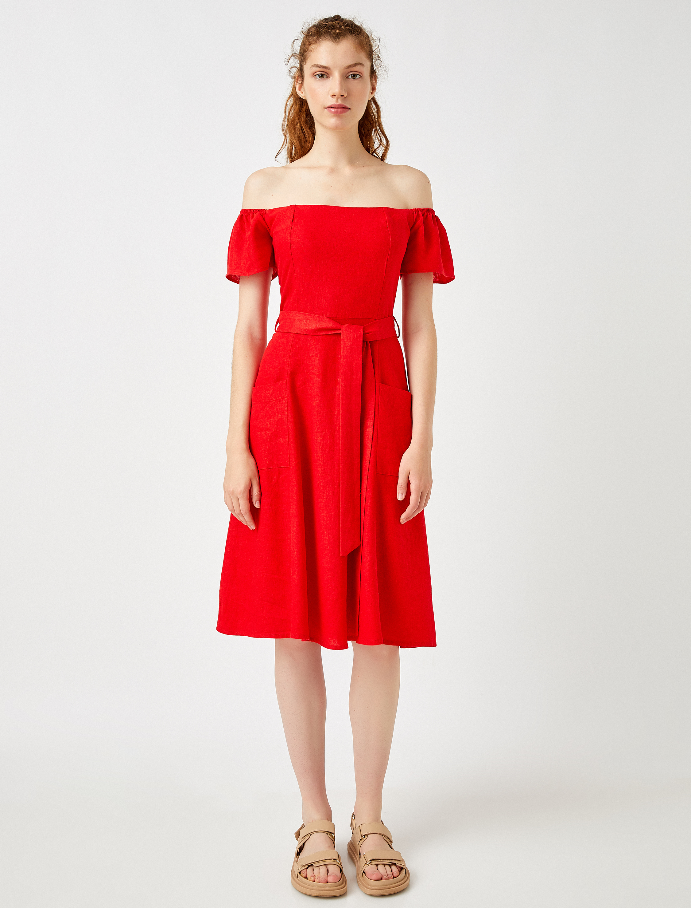   Keten Elbise Kısa Kollu Kuşaklı