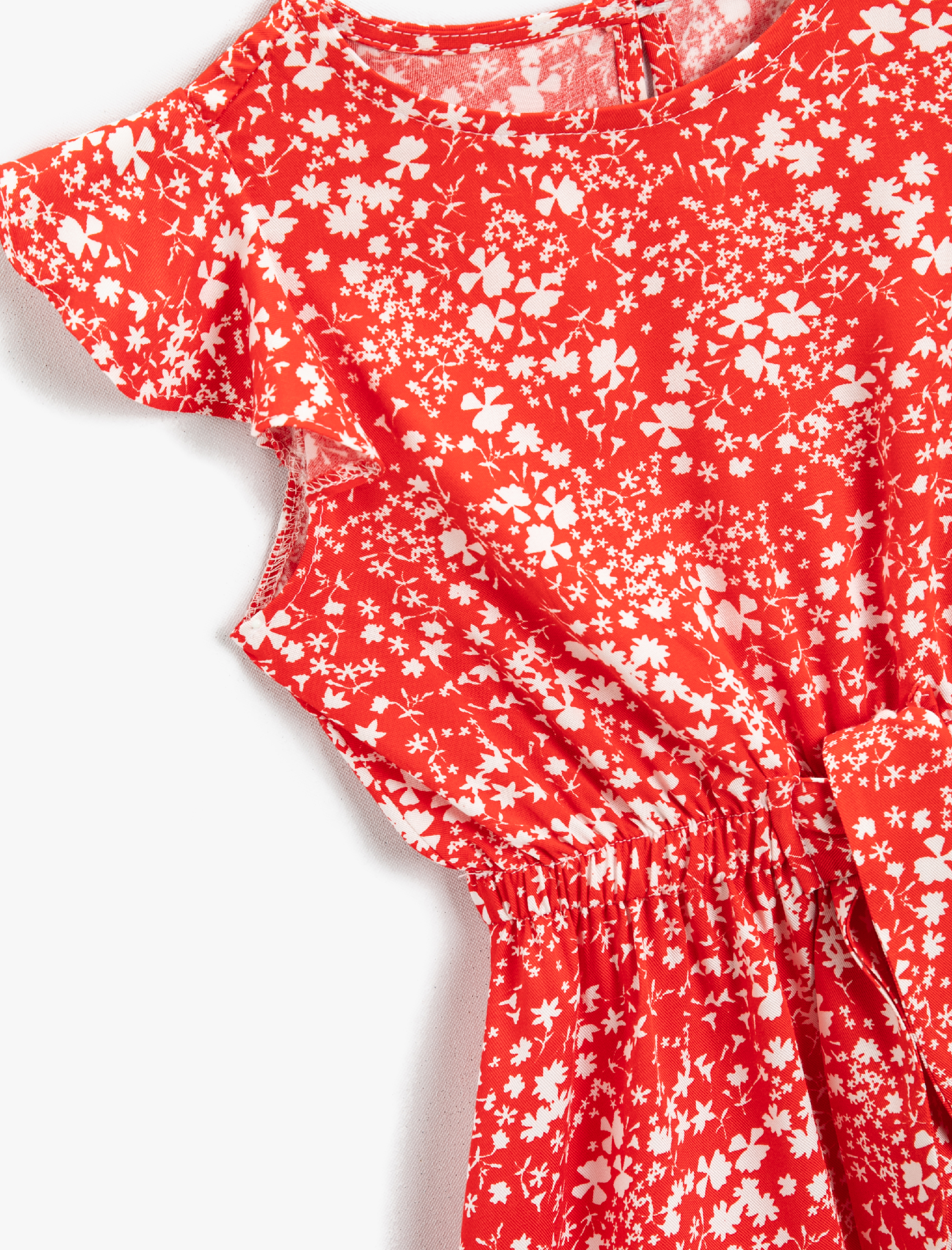  Kız Çocuk Elbise Kelebek Kol Beli Lastikli Kemer Detaylı Bisiklet Yaka Çiçek Desenli