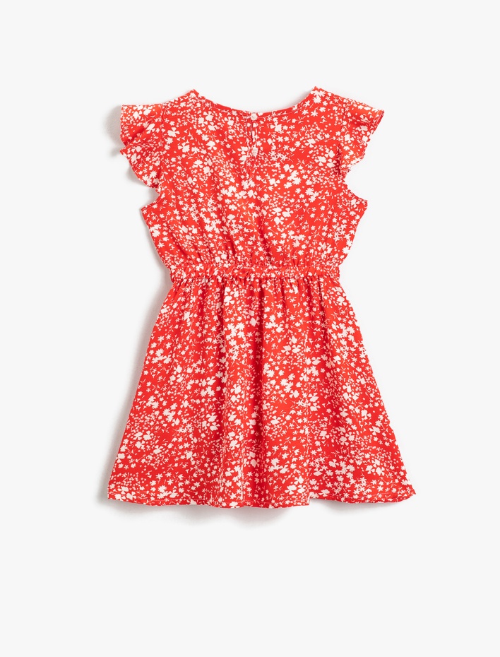 Kız Çocuk Elbise Kelebek Kol Beli Lastikli Kemer Detaylı Bisiklet Yaka Çiçek Desenli