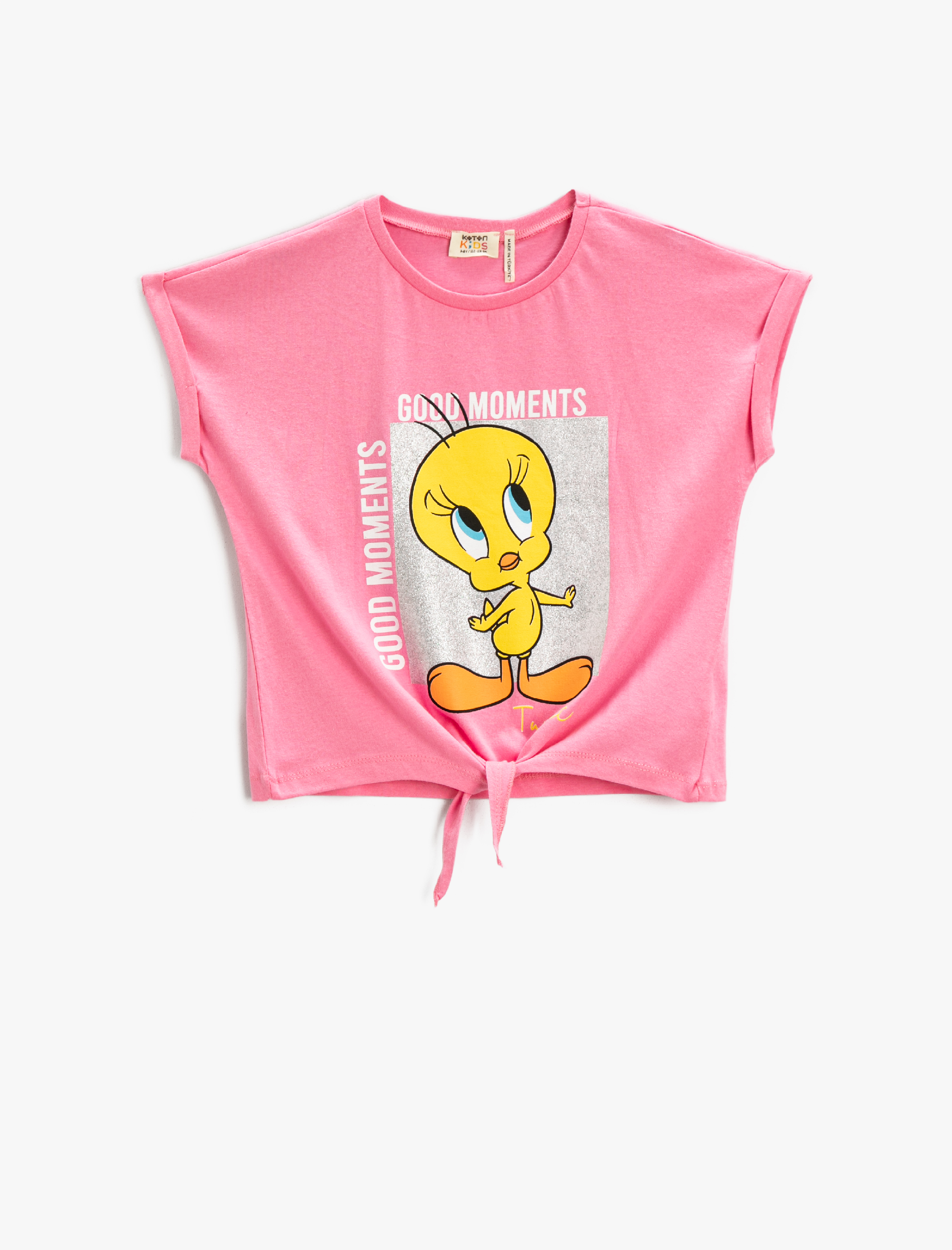  Kız Çocuk Tweety Baskılı Tişört Lisanslı Önü Bağlamalı Kısa Kollu Bisiklet Yaka Pamuklu