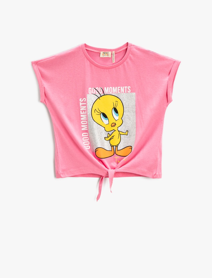 Kız Çocuk Tweety Baskılı Tişört Lisanslı Önü Bağlamalı Kısa Kollu Bisiklet Yaka Pamuklu