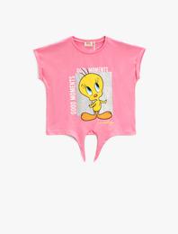 Tweety Baskılı Tişört Lisanslı Önü Bağlamalı Kısa Kollu Bisiklet Yaka Pamuklu