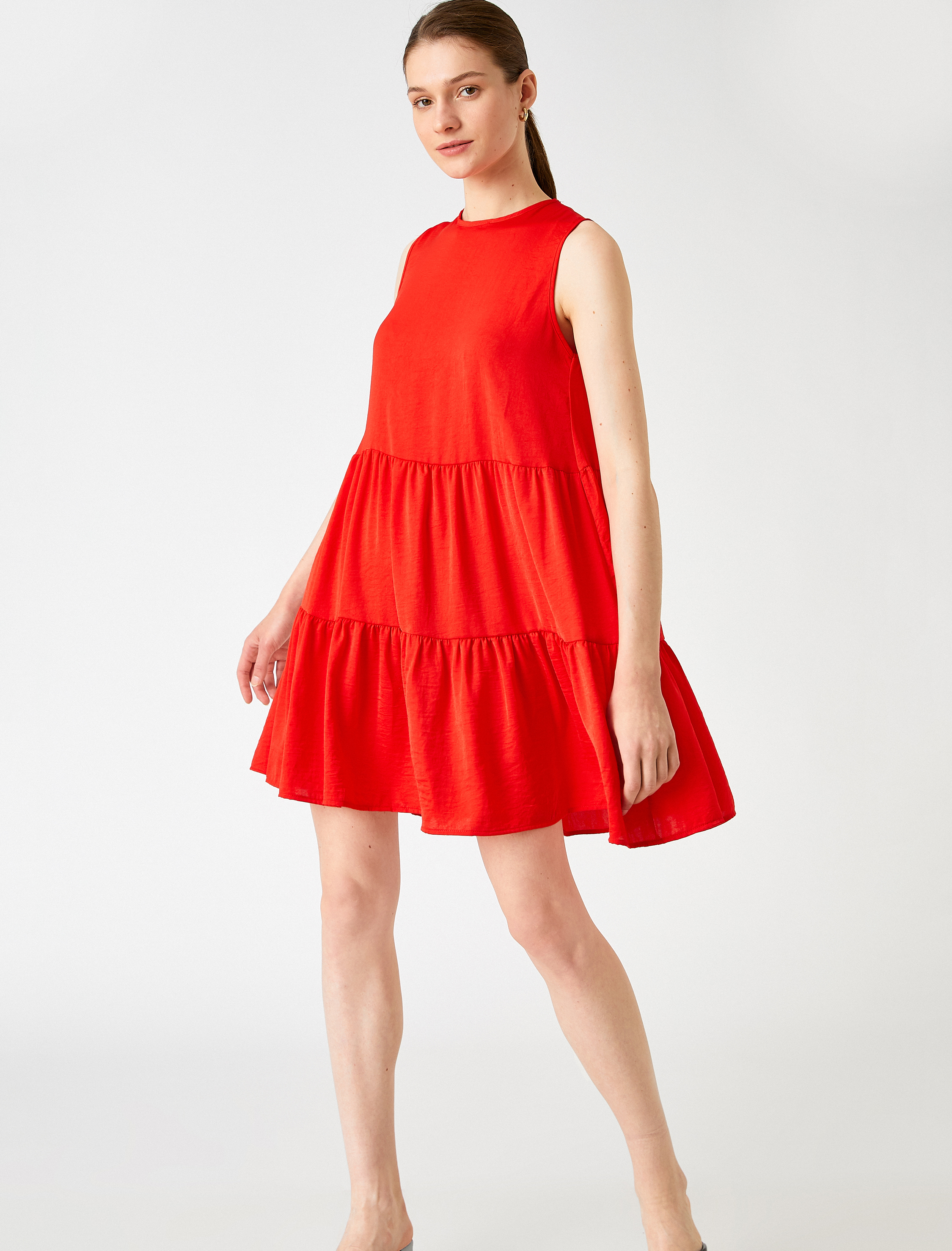   Mini Katlı Elbise Bisiklet Yaka Kolsuz