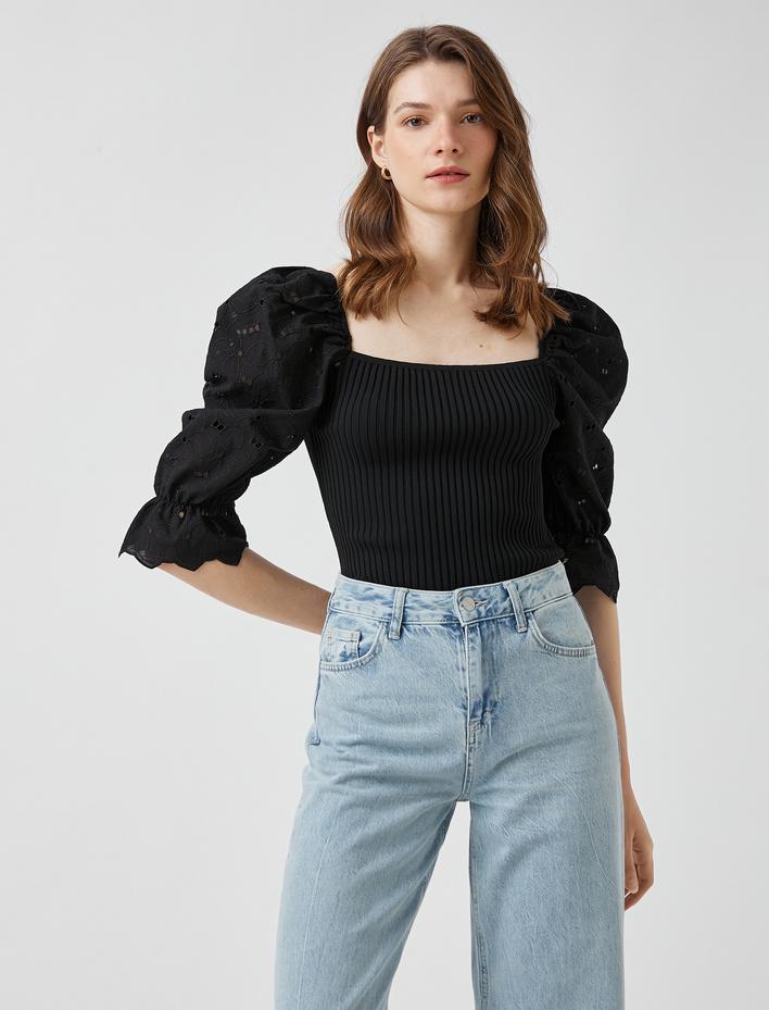  Ribanalı Bluz Fisto Balon Kollu