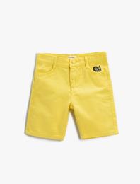 Şort Nakış Detaylı Cepli Diz Üstü Pamuklu