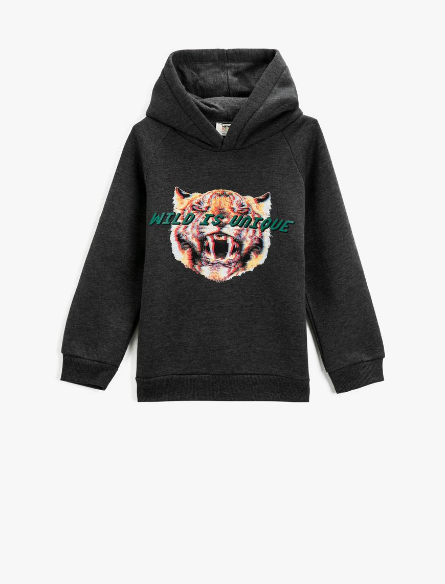  Erkek Çocuk Kaplan Baskılı Kapüşonlu Sweatshirt