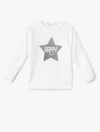 Parlak Baskılı Sweatshirt Uzun Kollu Bisiklet Yaka