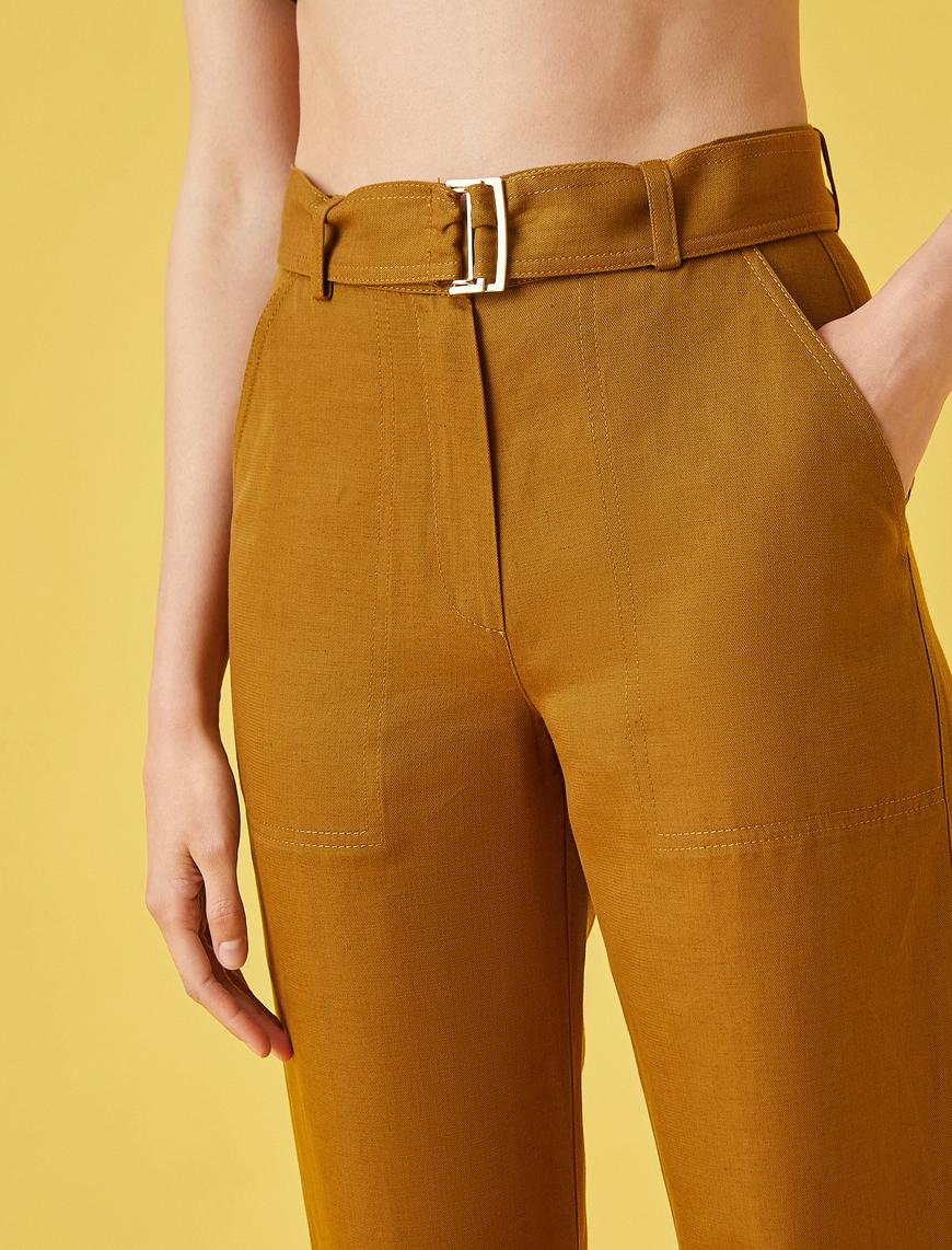   Beli Kemerli Cepli Geniş Paça Pantolon  ve Keten Karışımlı