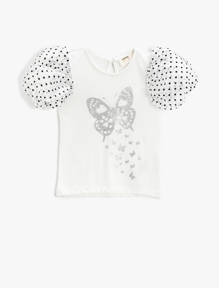 Kız Çocuk Balon Kollu Tişört Baskılı Puantiyeli Tül Detaylı