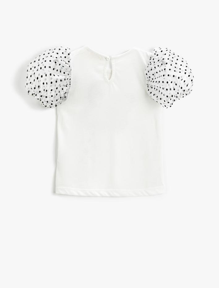 Kız Çocuk Balon Kollu Tişört Baskılı Puantiyeli Tül Detaylı