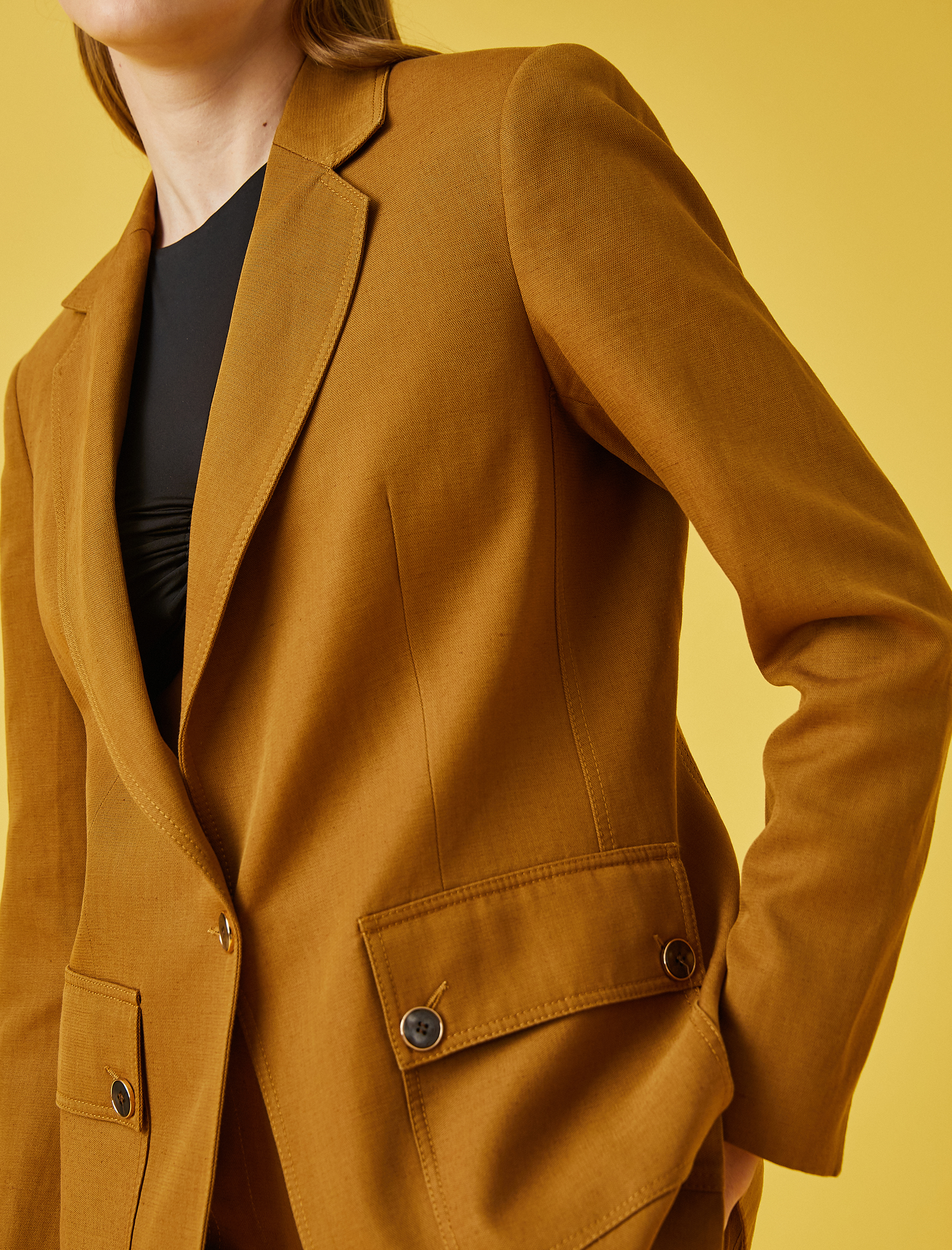 Cep Detaylı Düğmeli Blazer Ceket  ve Keten Karışımlı