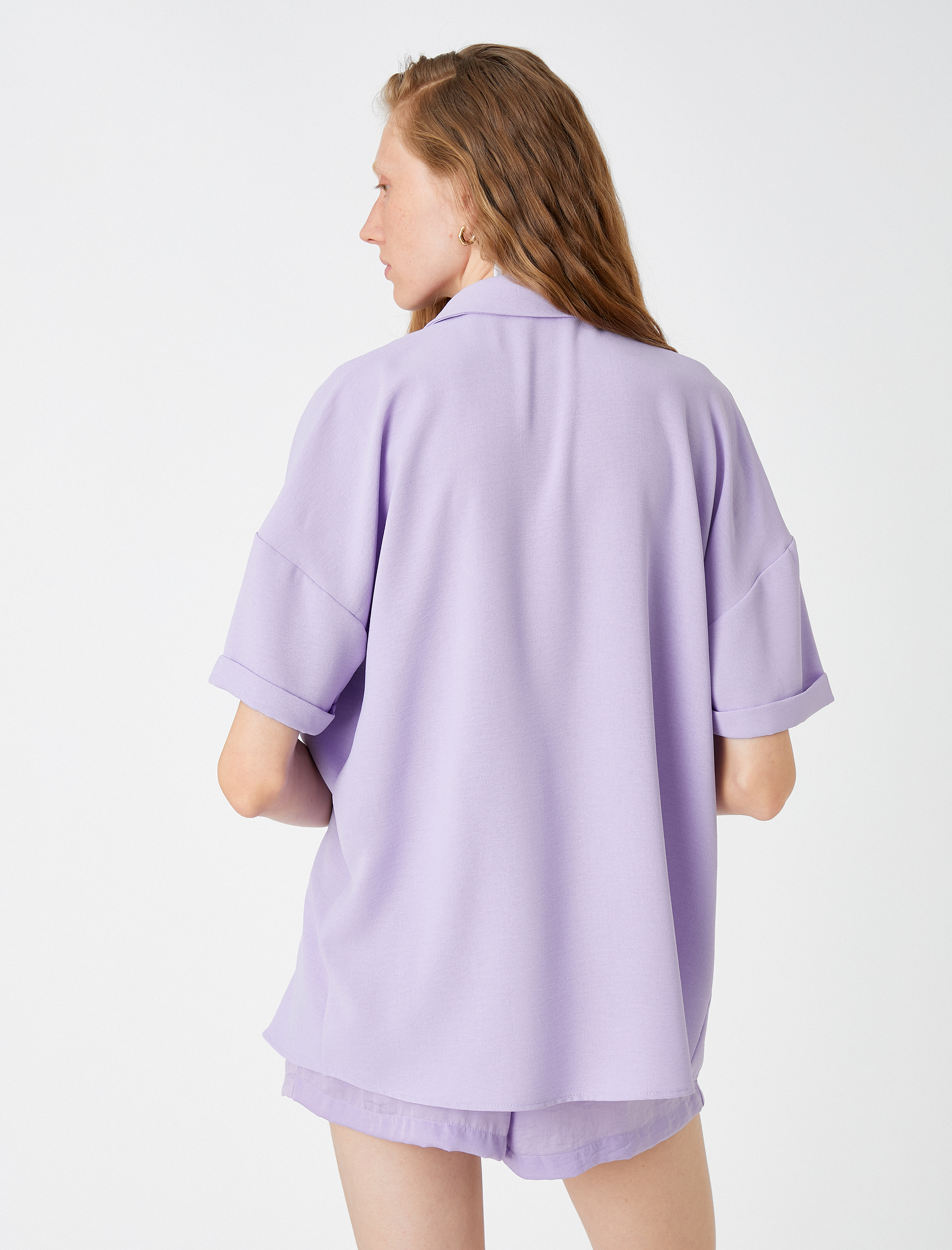   Oversize Gömlek Kısa Kollu Cepli Saten Görünümlü