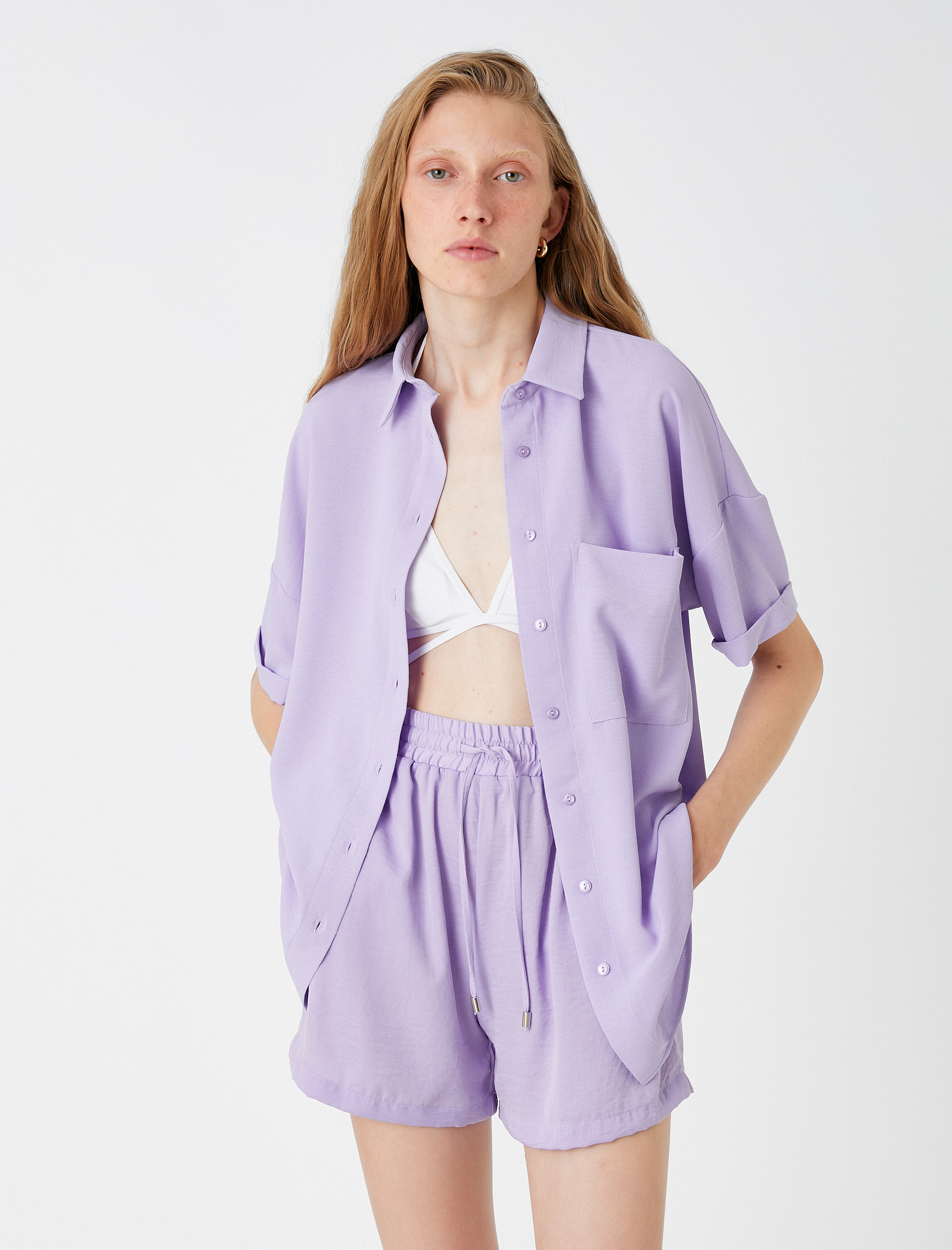   Oversize Gömlek Kısa Kollu Cepli Saten Görünümlü