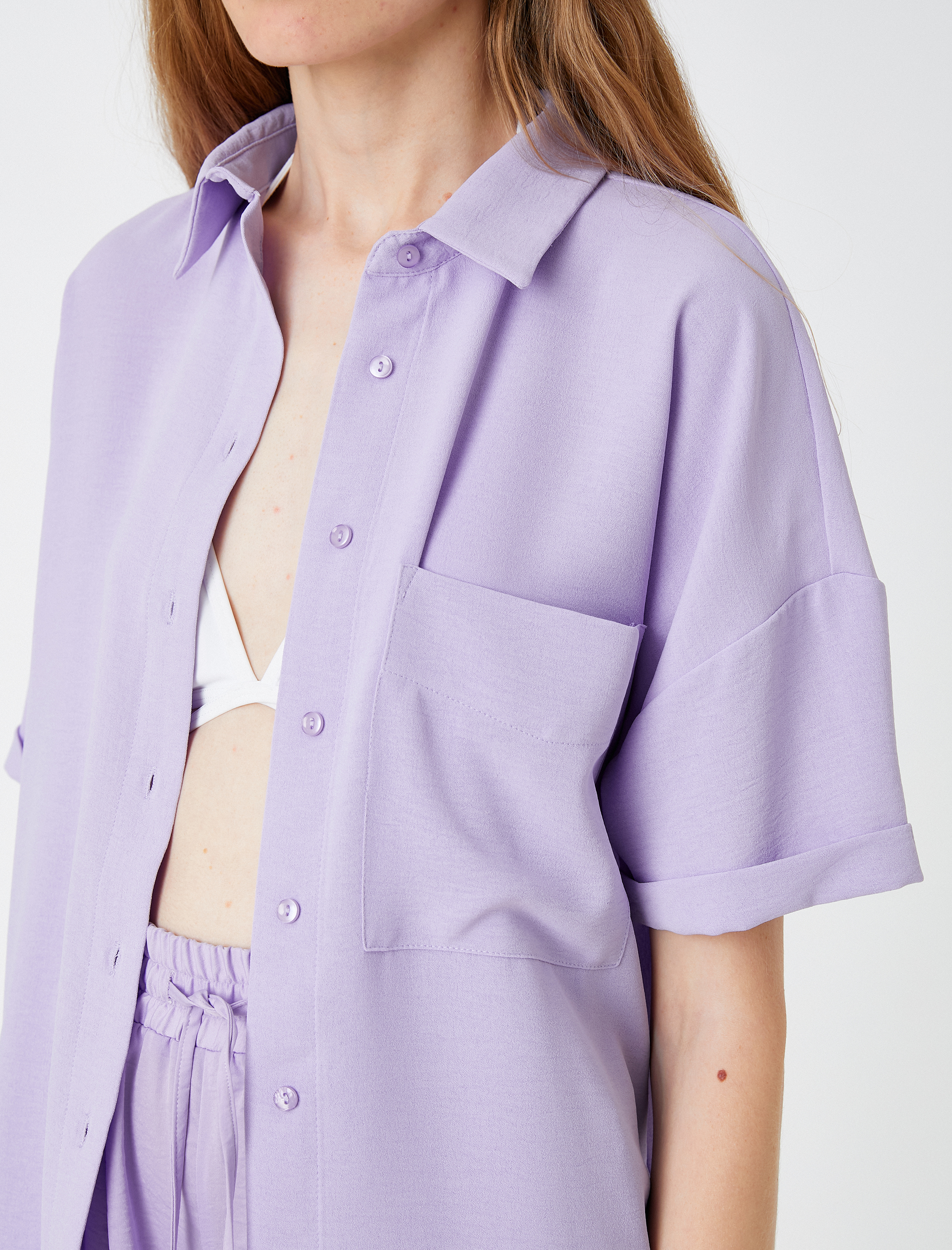   Oversize Gömlek Kısa Kollu Cepli Saten Görünümlü