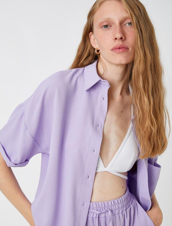  Oversize Gömlek Kısa Kollu Cepli Saten Görünümlü