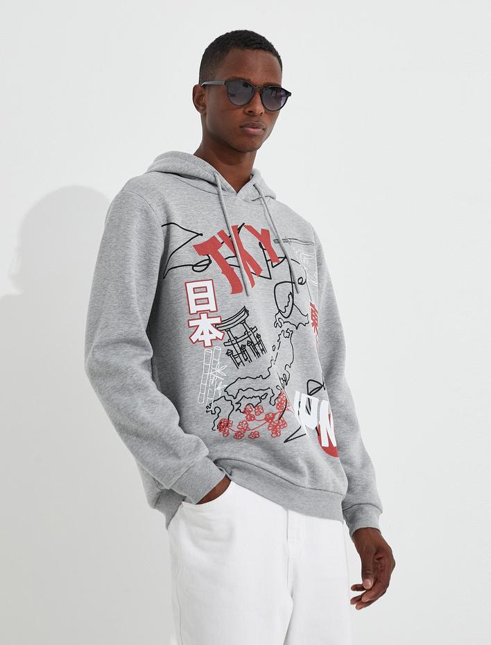  Basic Kapşonlu Sweatshirt Şardonlu Slogan Baskılı Uzun Kollu