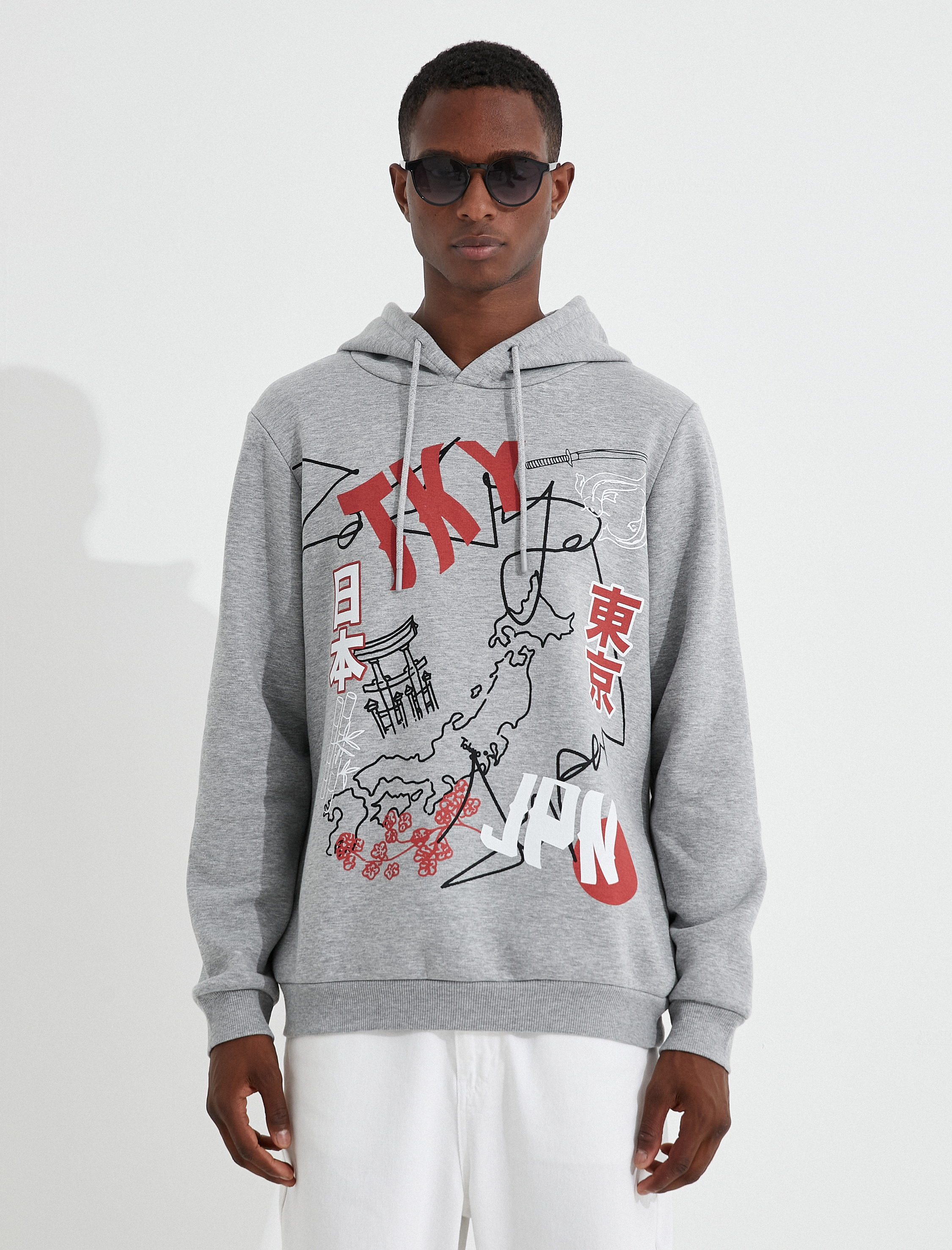 Basic Kapşonlu Sweatshirt Şardonlu Slogan Baskılı Uzun Kollu