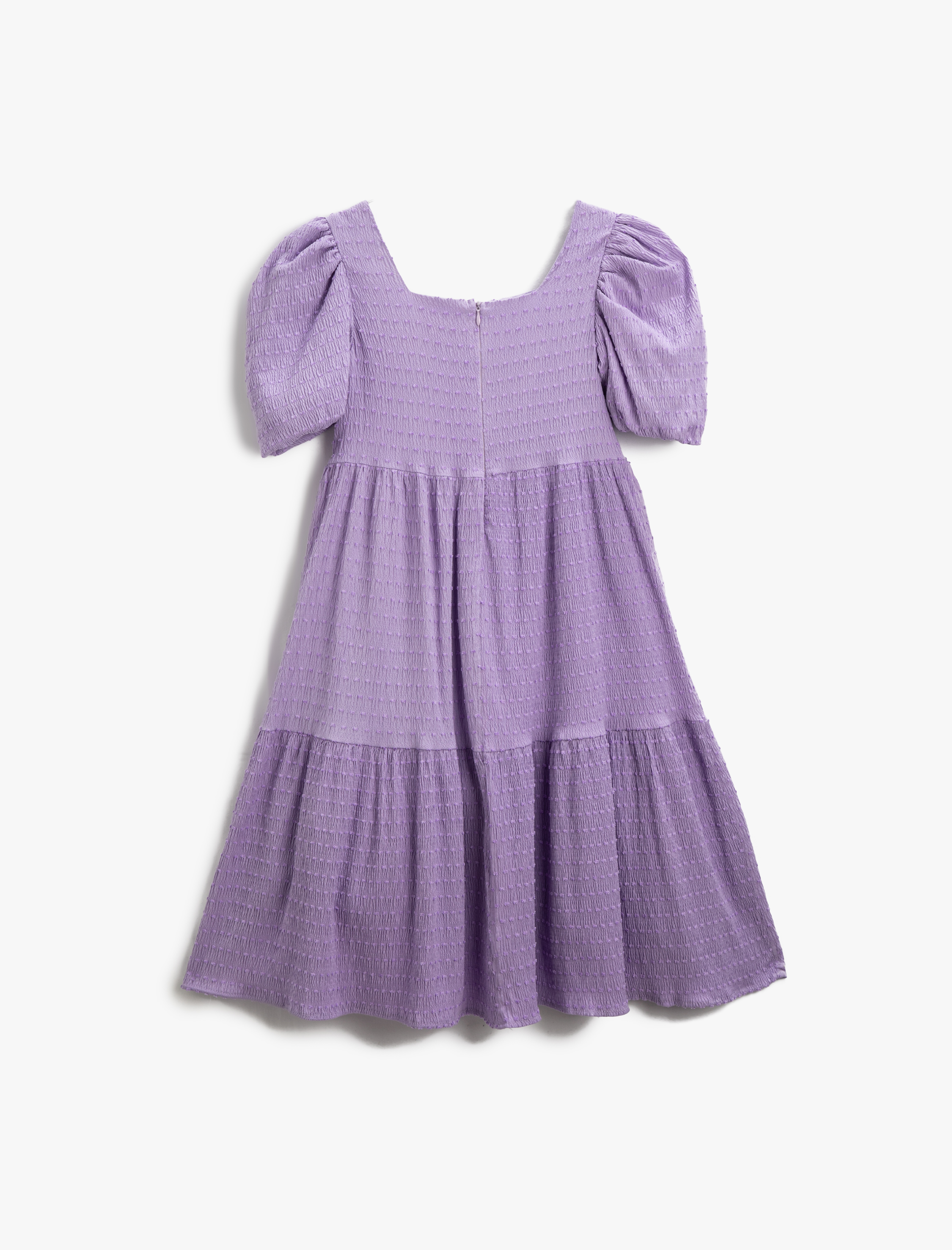  Kız Çocuk Elbise Midi Balon Kollu Fırfırlı Kare Yaka