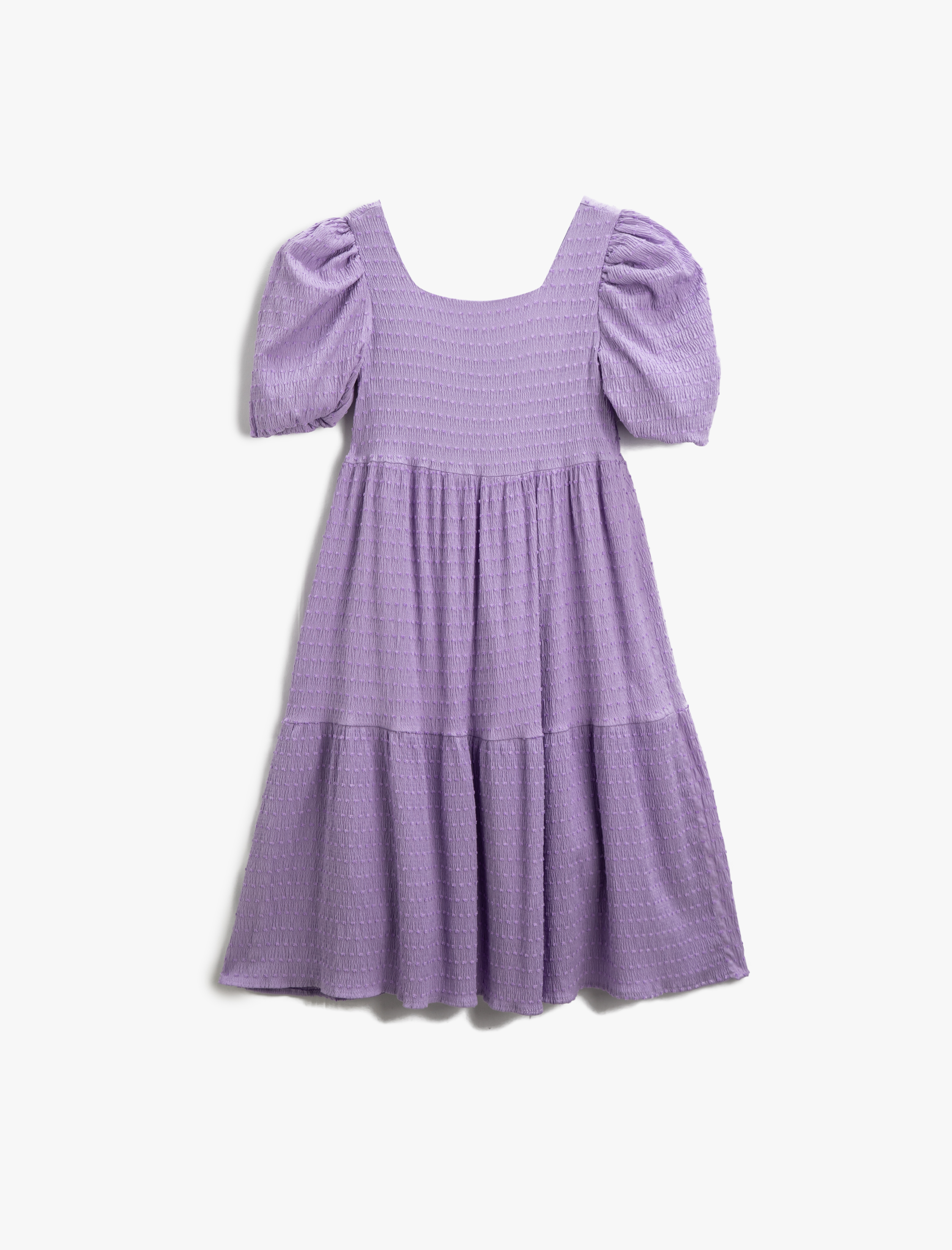  Kız Çocuk Elbise Midi Balon Kollu Fırfırlı Kare Yaka