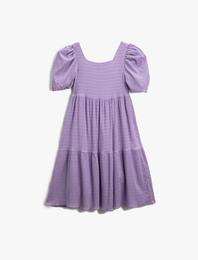 Elbise Midi Balon Kollu Fırfırlı Kare Yaka