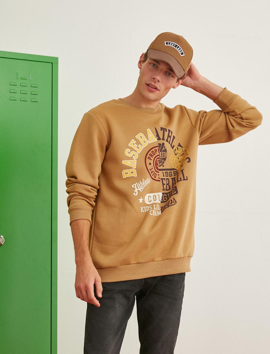   Kolej Baskılı Sweatshirt Şardonlu Bisiklet Yaka