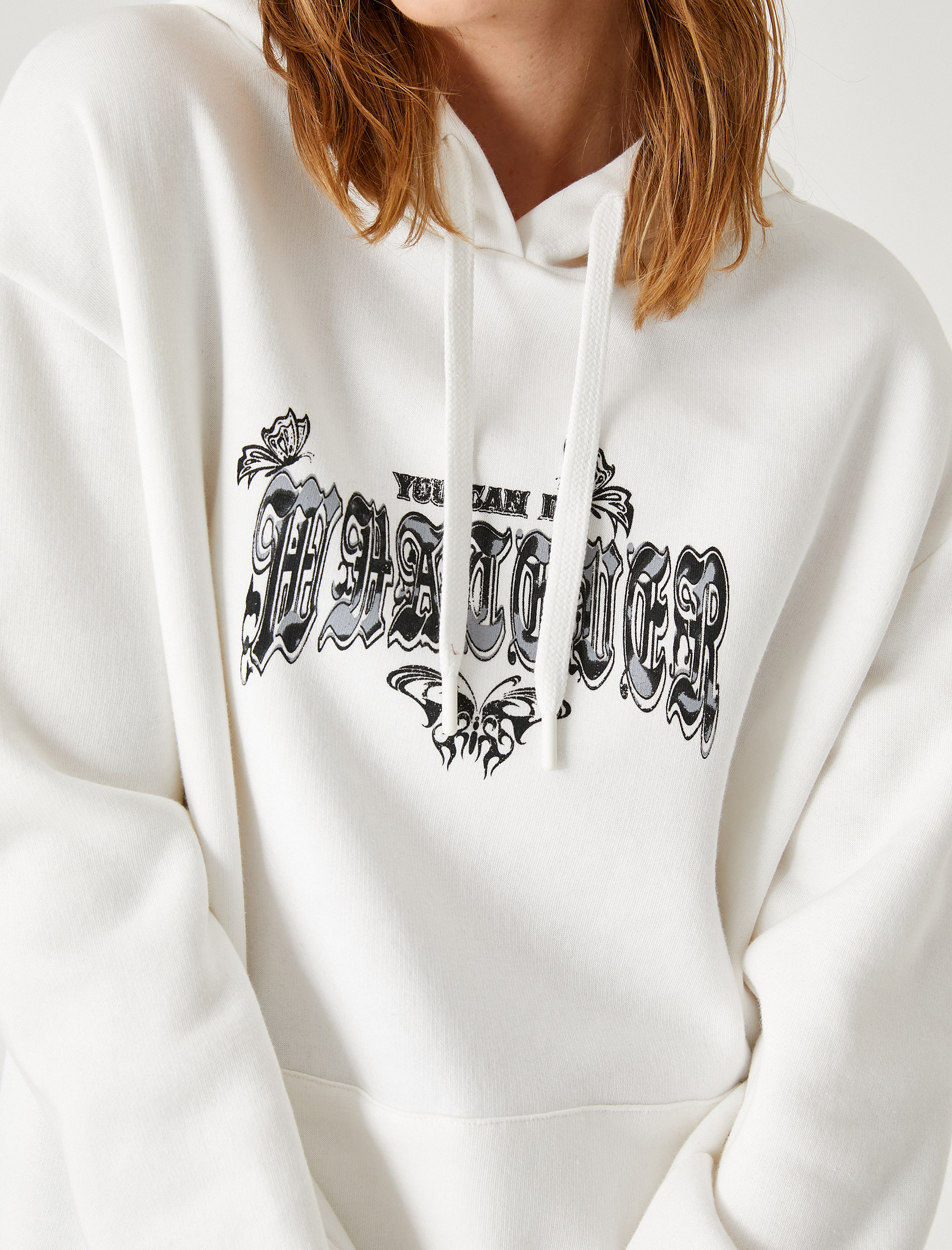   Oversize Baskılı Sweatshirt Kapüşonlu İçi Polarlı