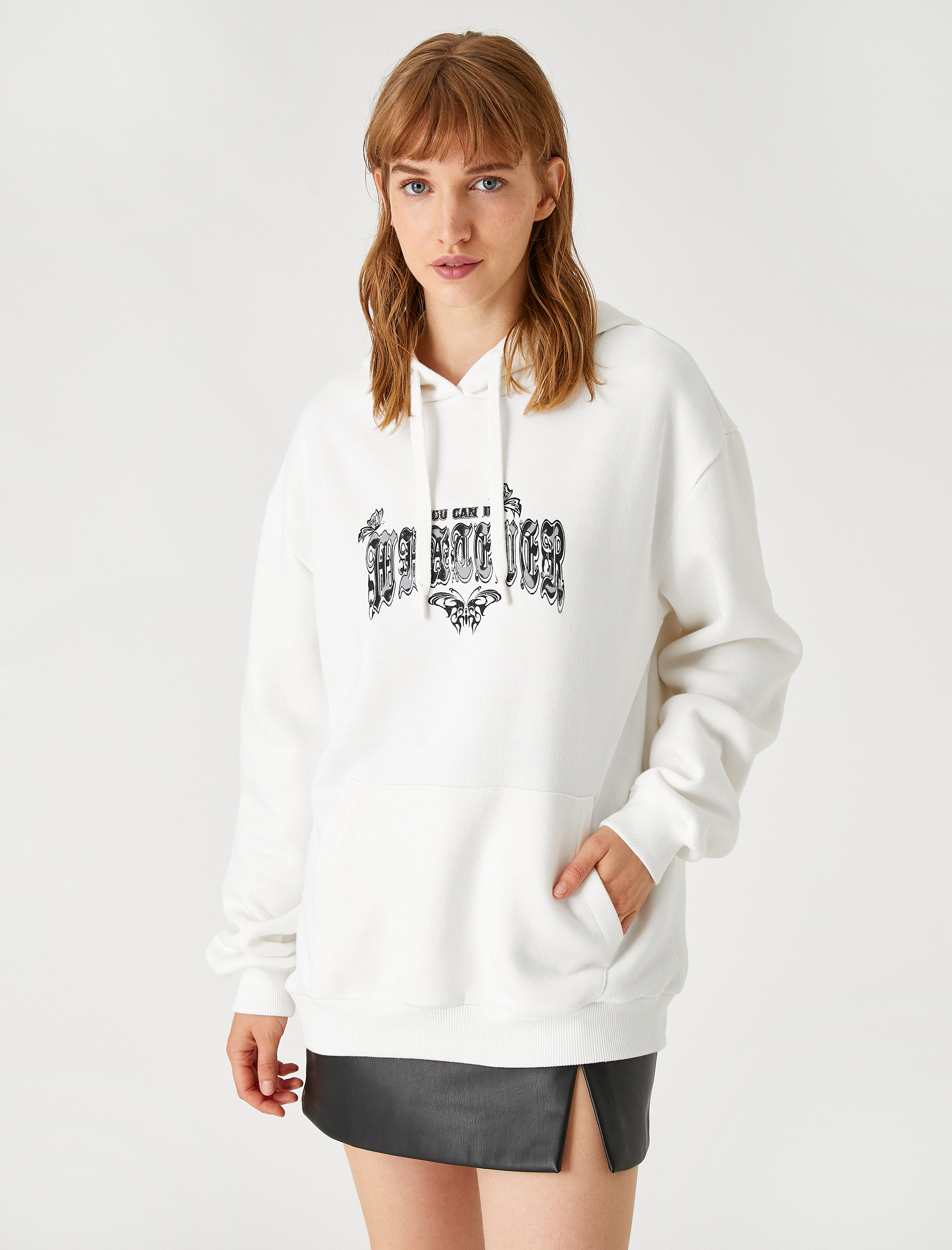   Oversize Baskılı Sweatshirt Kapüşonlu İçi Polarlı