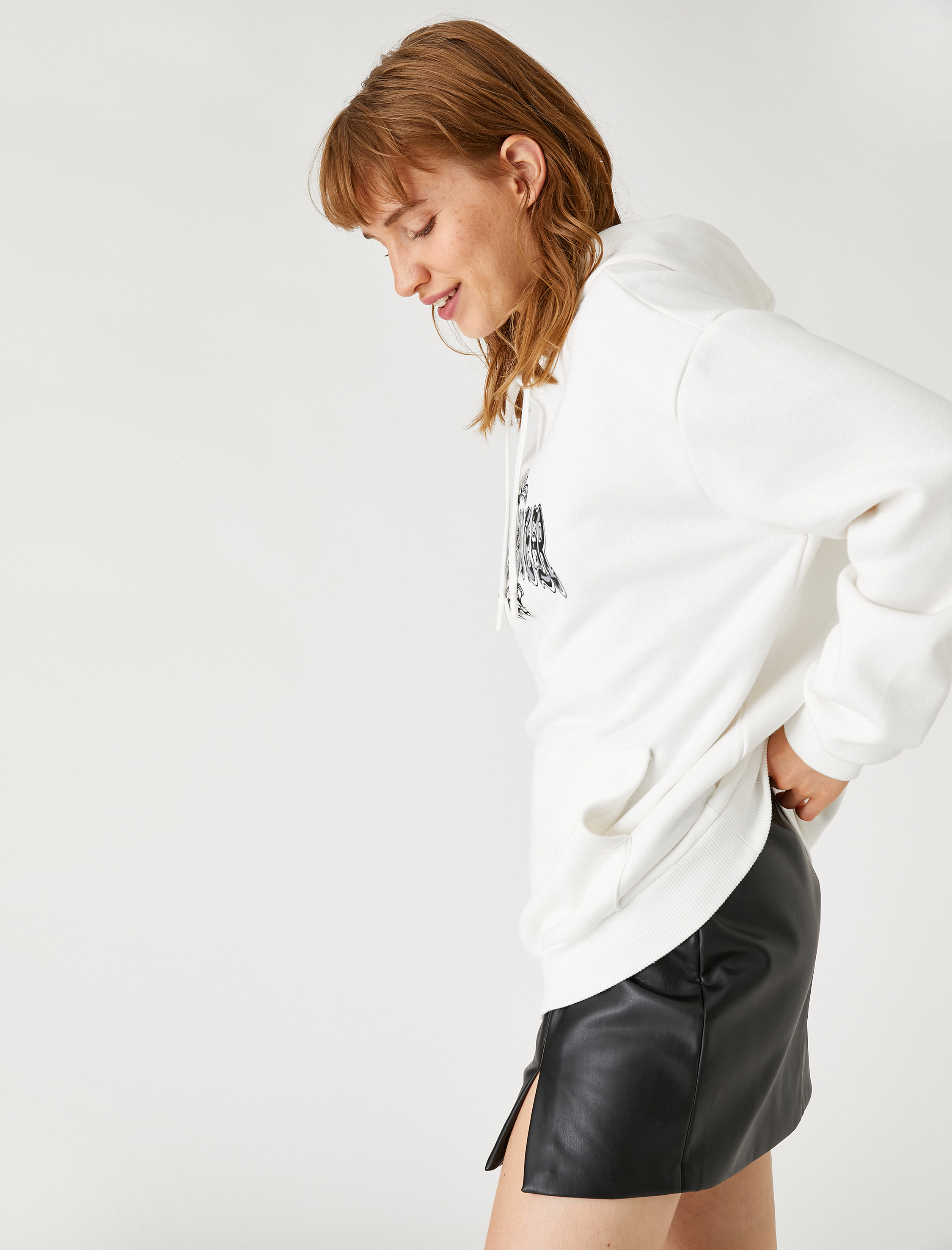   Oversize Baskılı Sweatshirt Kapüşonlu İçi Polarlı