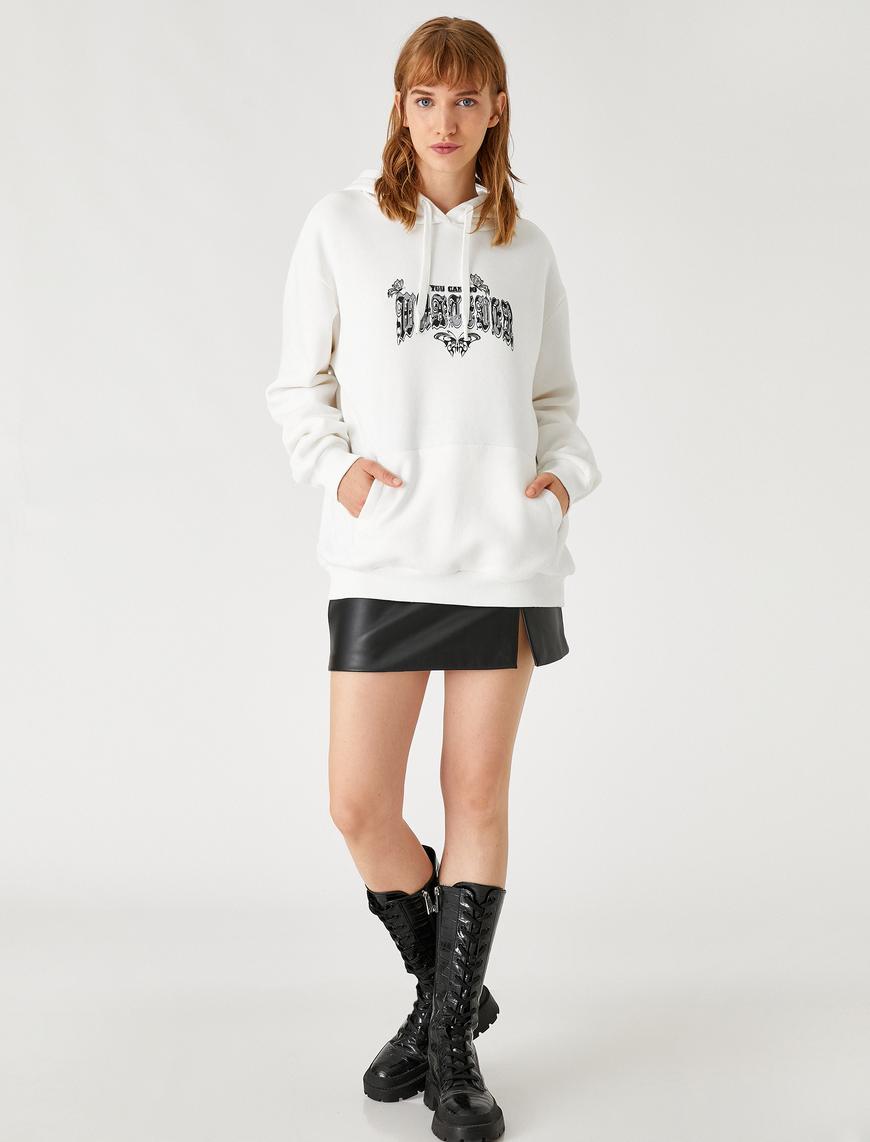   Oversize Baskılı Sweatshirt Kapüşonlu İçi Polarlı