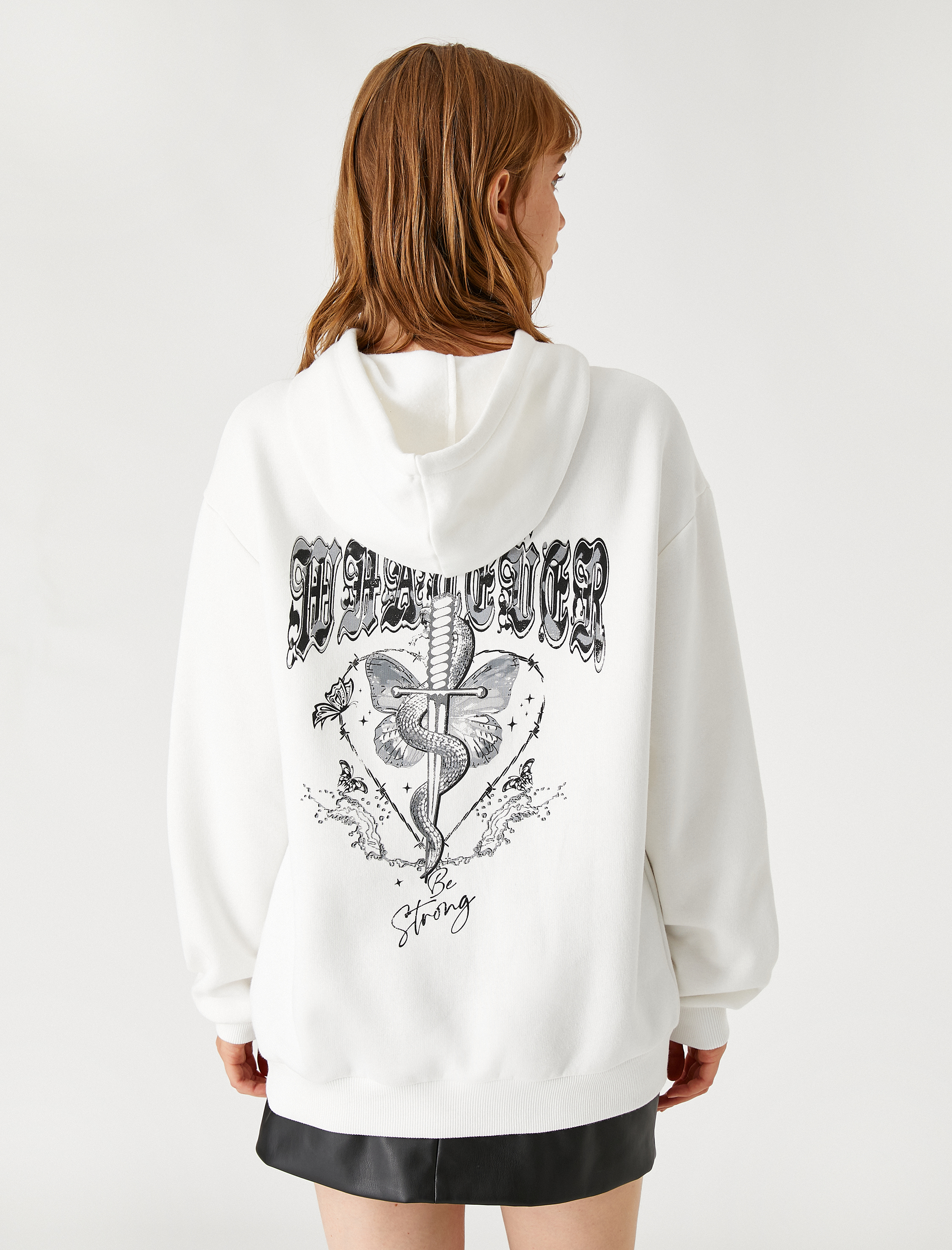   Oversize Baskılı Sweatshirt Kapüşonlu İçi Polarlı